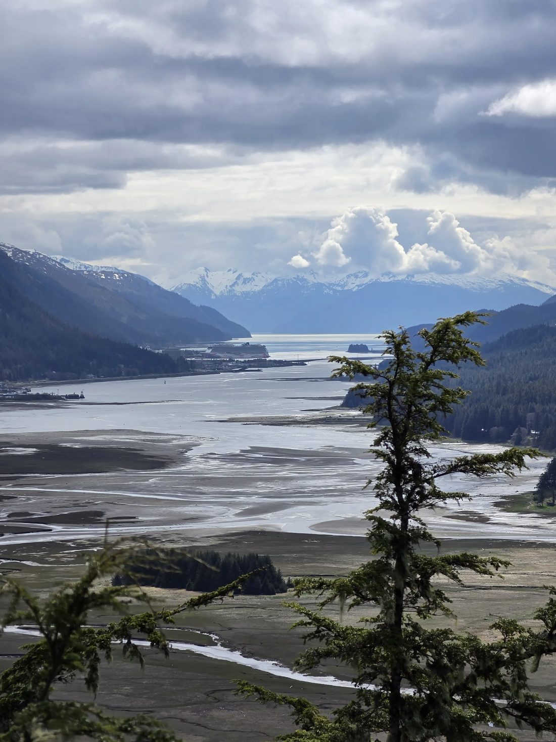 Fjord and distant cruise ship near Juneau, Alaska